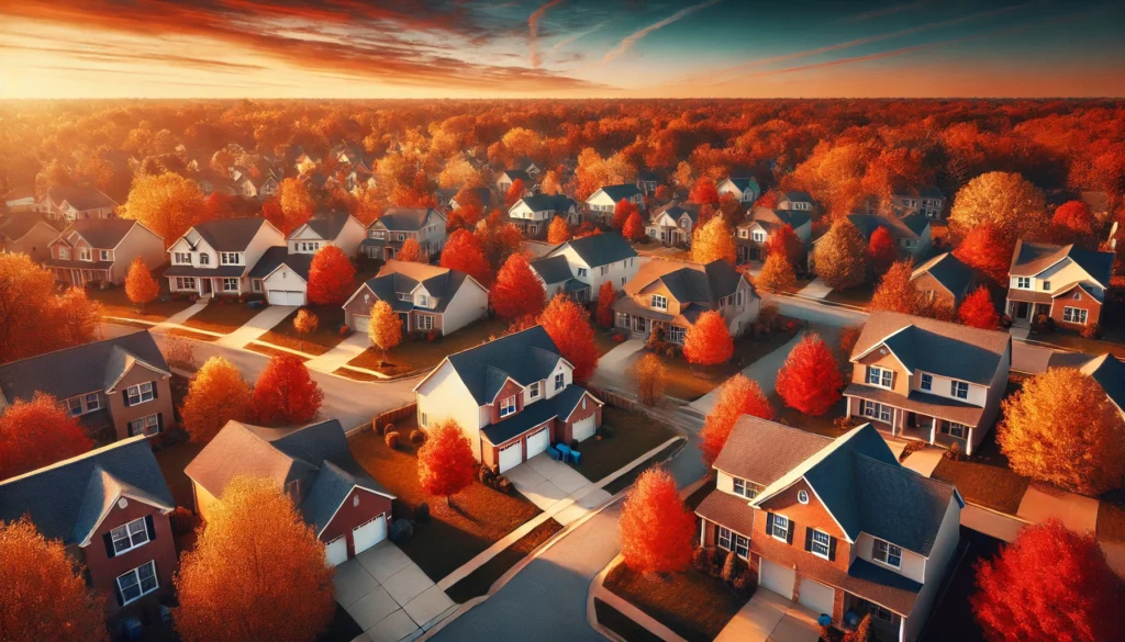 Aerial view of an Indiana suburban neighborhood in autumn, featuring vibrant fall foliage and well-maintained residential roofs, highlighting seasonal roofing durability and home protection.