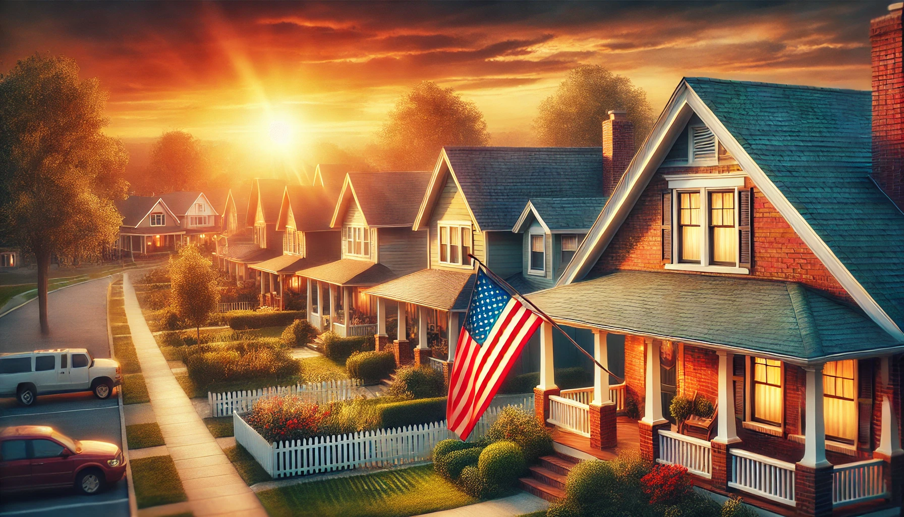 Scenic Indiana suburban neighborhood at sunset with well-maintained homes and sturdy roofs, symbolizing security, trust, and high-quality residential roofing.