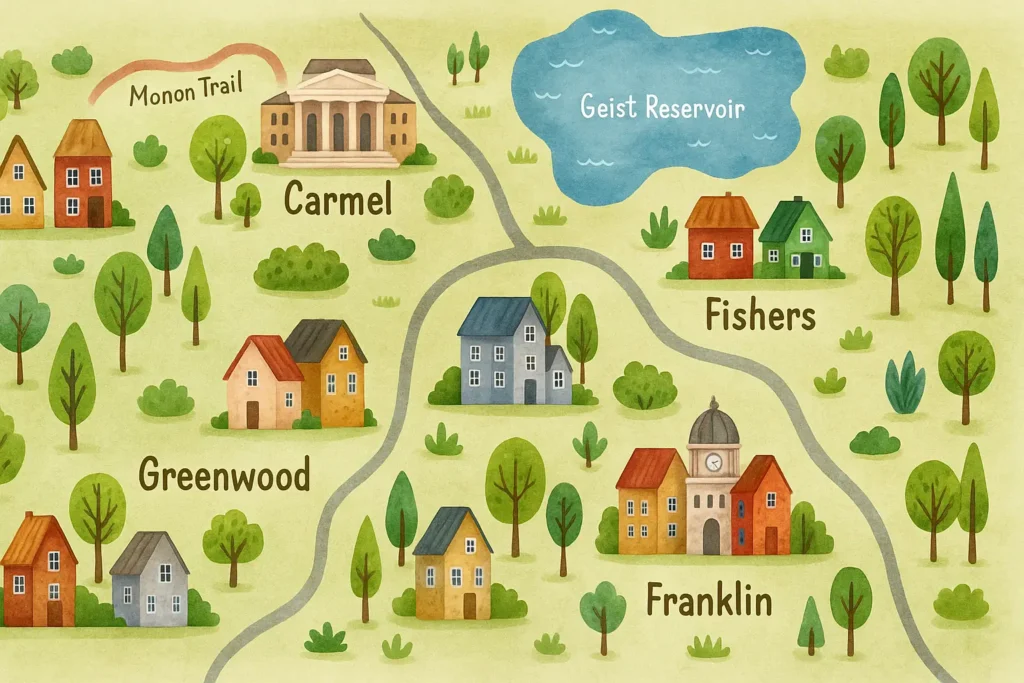 Whimsical illustrated map of Central Indiana featuring Carmel, Fishers, Greenwood, and Franklin with local landmarks and homes