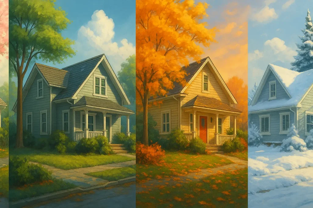 Artistic seasonal roofing guide illustration showing spring, summer, fall, and winter scenes with Indiana homes and rooftops