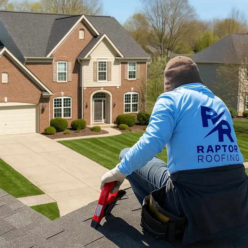 Raptor Roofing employee performing a roof inspection on a suburban Indianapolis home