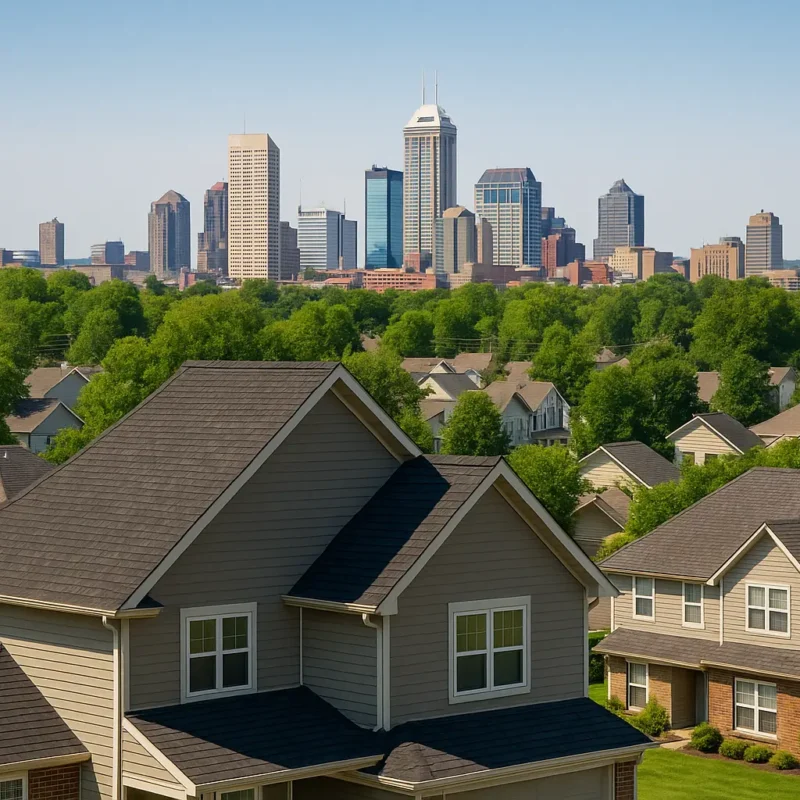 Suburban Indianapolis homes with newly repaired roofs and city skyline in the background