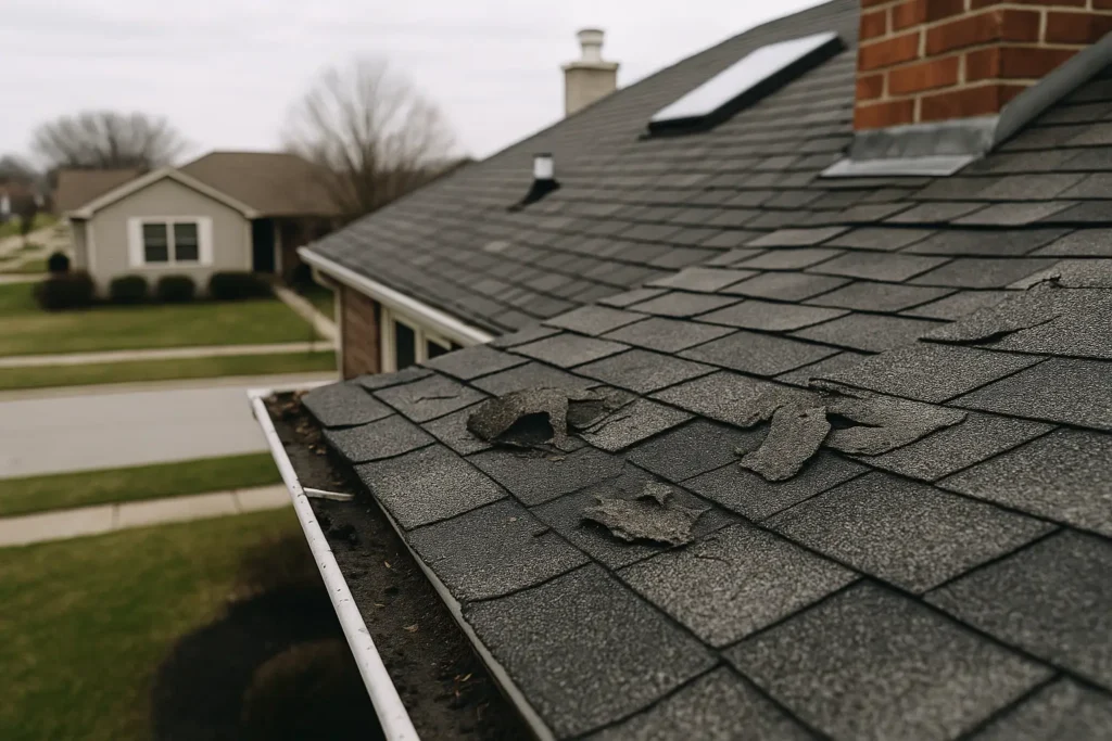 Damaged asphalt shingles on a suburban Indianapolis roof with exposed underlayment and clogged gutters