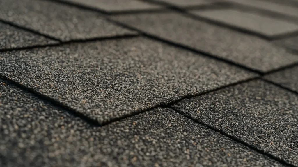 Close-up of asphalt roof shingles showing wear.