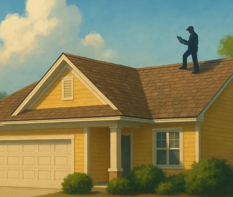 Roof inspector on a suburban house in Carmel, Indiana.