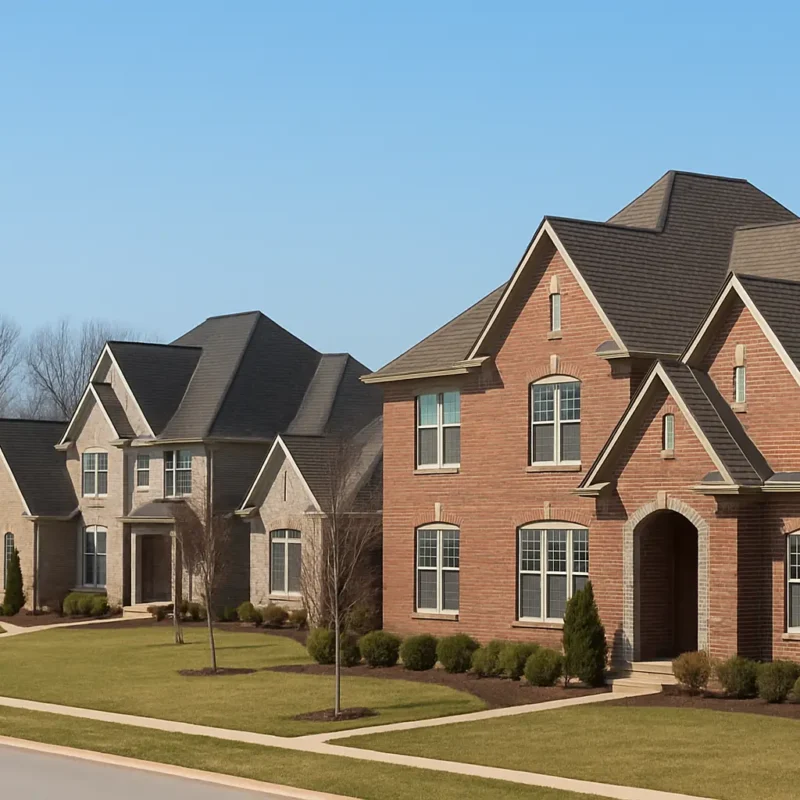Beautiful Carmel Indiana neighborhood with modern homes and well-maintained rooftops under a clear sky