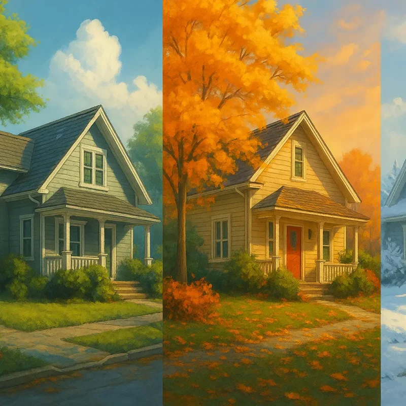 Artistic seasonal roofing guide illustration showing spring, summer, fall, and winter scenes with Indiana homes and rooftops