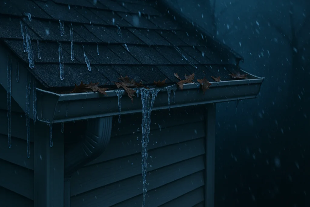 Bird’s-eye view of damaged gutters overflowing during a stormy night in Carmel Indiana