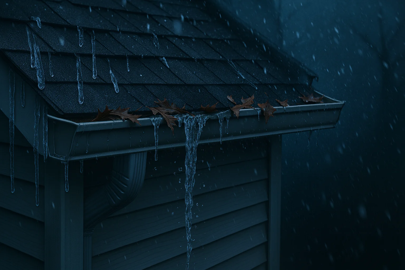 Damaged gutters overflowing during stormy weather in Central Indiana