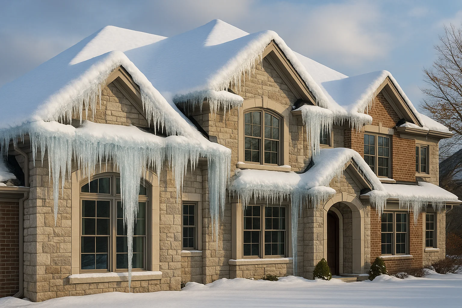 Ice dams forming on the roof edges of a luxury home in Carmel, Indiana during winter