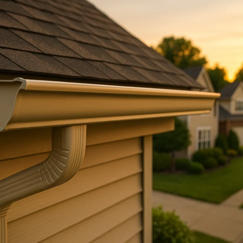 Close-up of seamless aluminum gutters on a Carmel Indiana home at sunset