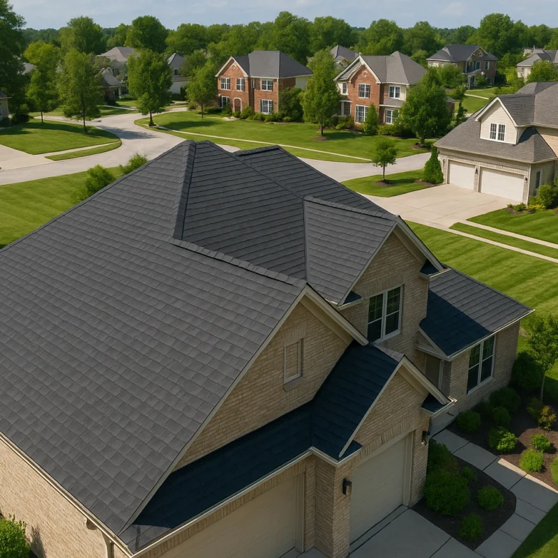 Aerial view of upscale Zionsville neighborhood with elegant homes and new dark shingle roofs under warm daylight.