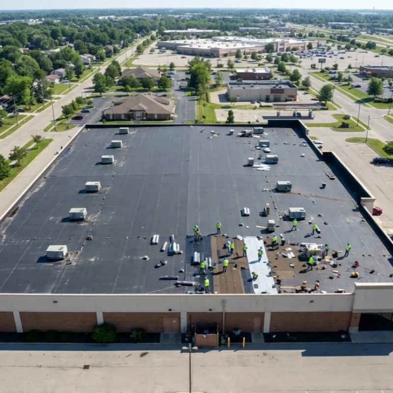 Commercial roof replacement in Greenwood Indiana with roofing crew installing new flat roofing system