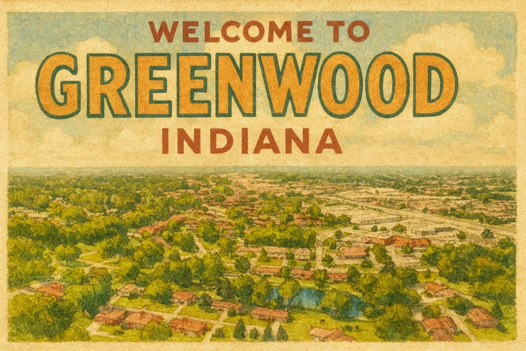 Vintage postcard illustration of Greenwood Indiana with aerial neighborhood view and retro welcome text