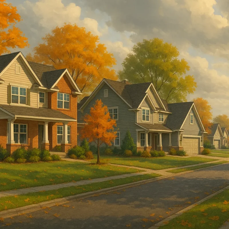 Quiet Greenwood neighborhood with gabled homes and fall foliage