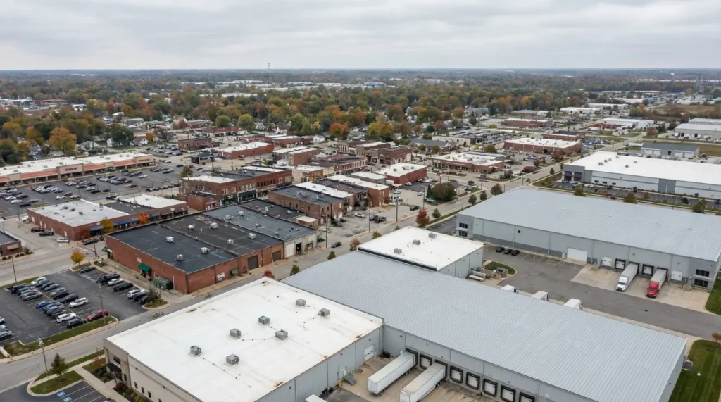 A panoramic aerial view of Greenwood’s downtown area showing retail centers and warehouses, representing the diverse properties Raptor Roofing services.