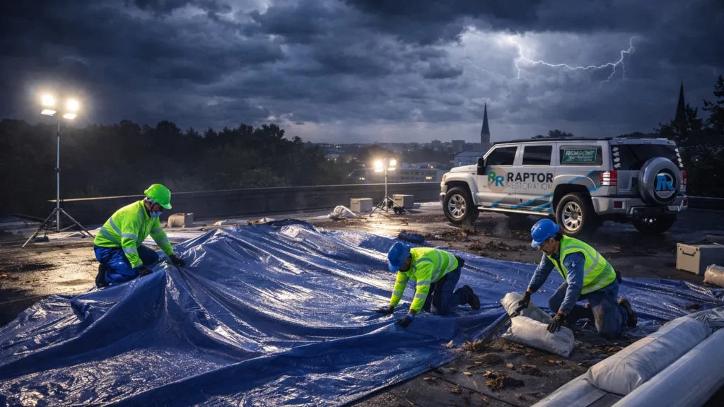A team of roofers responds to storm damage with tarps and lighting, illustrating Raptor Roofing’s rapid emergency response capability.