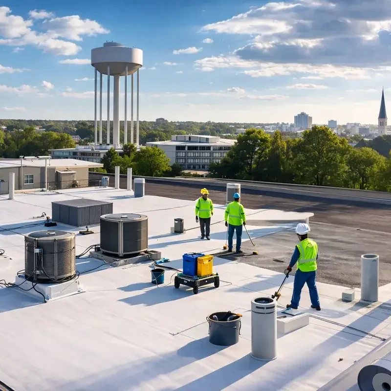 commercial roof inspector on a flat roof in Greenwood Indiana