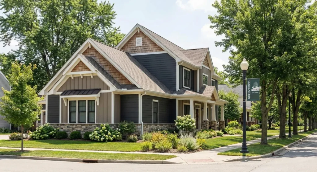 Beautiful Greenwood Indiana home featuring premium siding installation with mixed materials, stone accents, and modern exterior design.