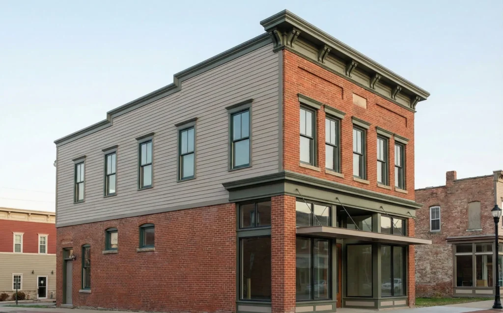 Greenwood building with fiber‑cement siding and brick accents