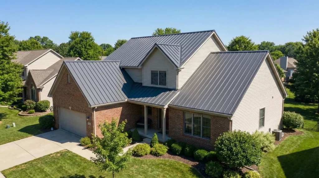 modern home in Greenwood with a newly installed gray standing seam metal roof