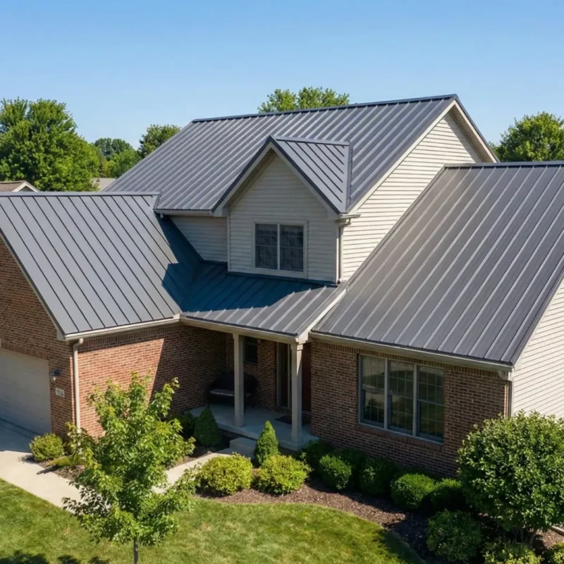 modern home in Greenwood with a newly installed gray standing seam metal roof