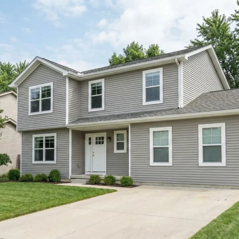 modern Greenwood home with fresh vinyl siding in neutral gray color