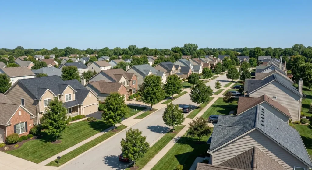 Aerial view of Greenwood Indiana neighborhood featuring residential homes with asphalt shingle roofs