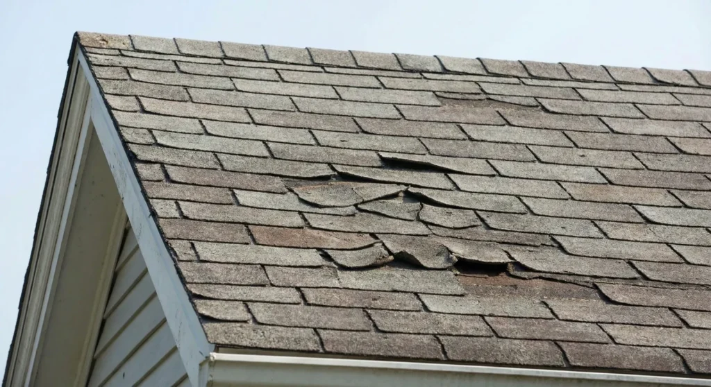Curled and cracked asphalt shingles showing signs of roof damage