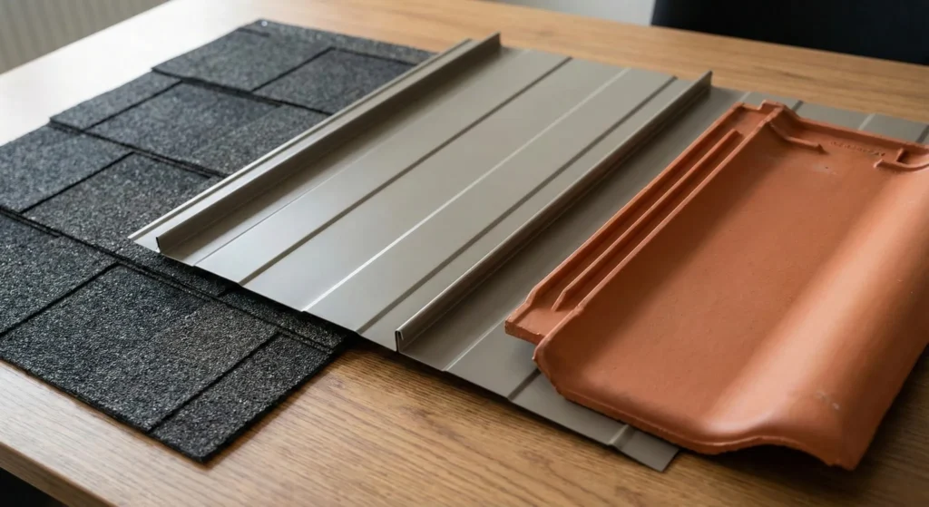 Roofing material samples including asphalt shingles, metal roofing, and clay tile