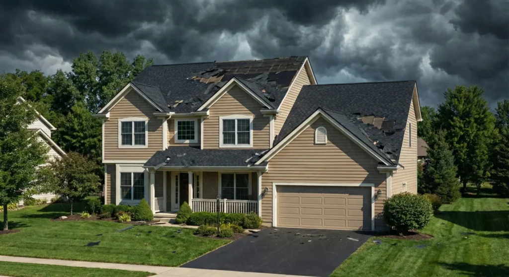 Storm clouds over Greenwood roof with missing shingles