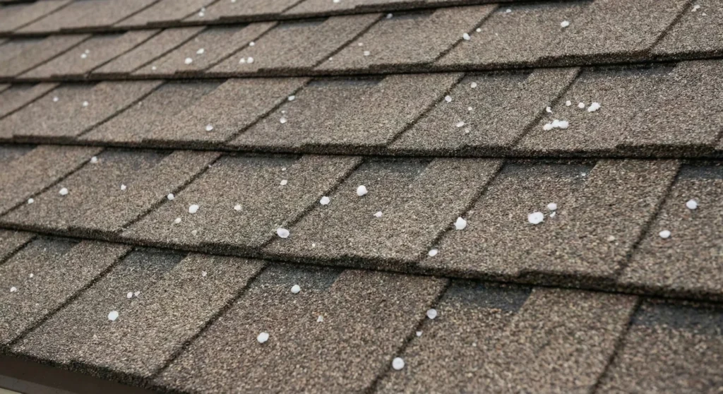 Close up of hail damage on asphalt roof shingles in Indiana