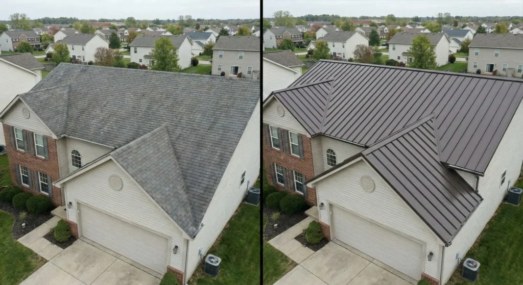 Before and after comparison of asphalt shingles versus standing seam metal roof in Greenwood Indiana
