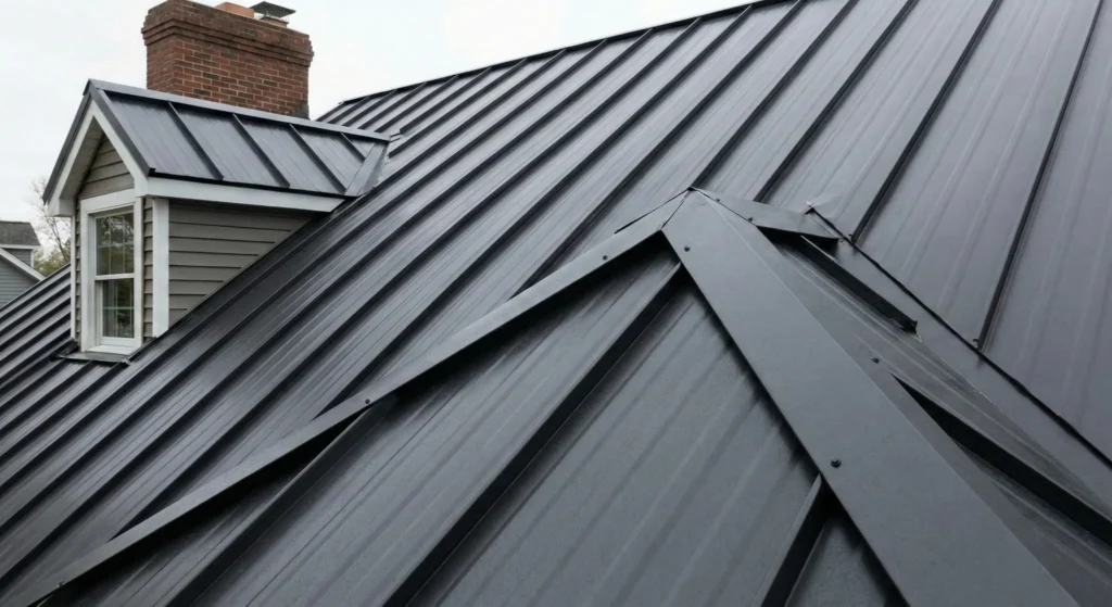 Close-up of standing seam metal roof valley detail on Greenwood Indiana home