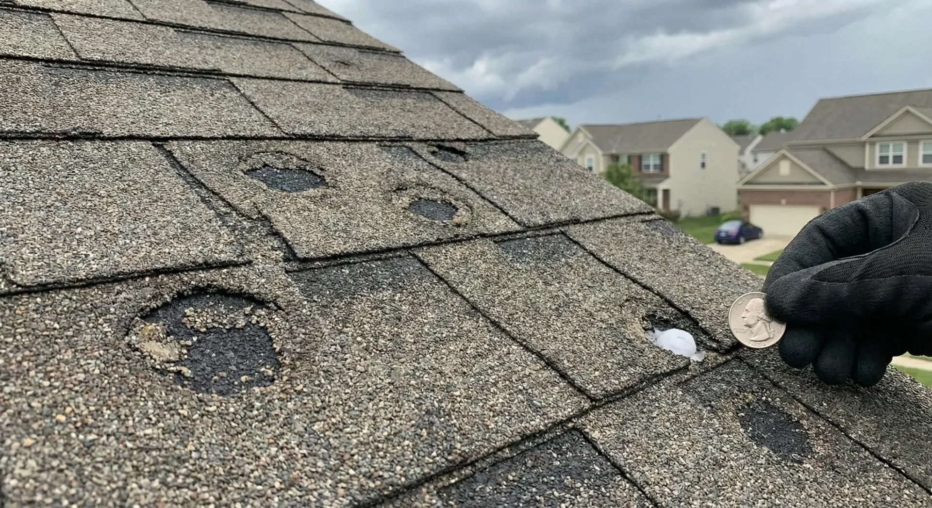 Hail damage to asphalt shingles qualifying for roof replacement insurance claim in Carmel Indiana