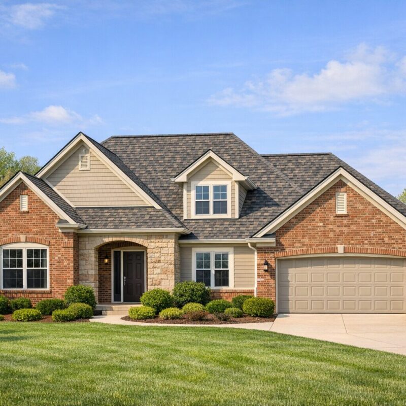 Welcoming Central Indiana brick home with an attractive dimensional shingle roof and bright spring curb appeal