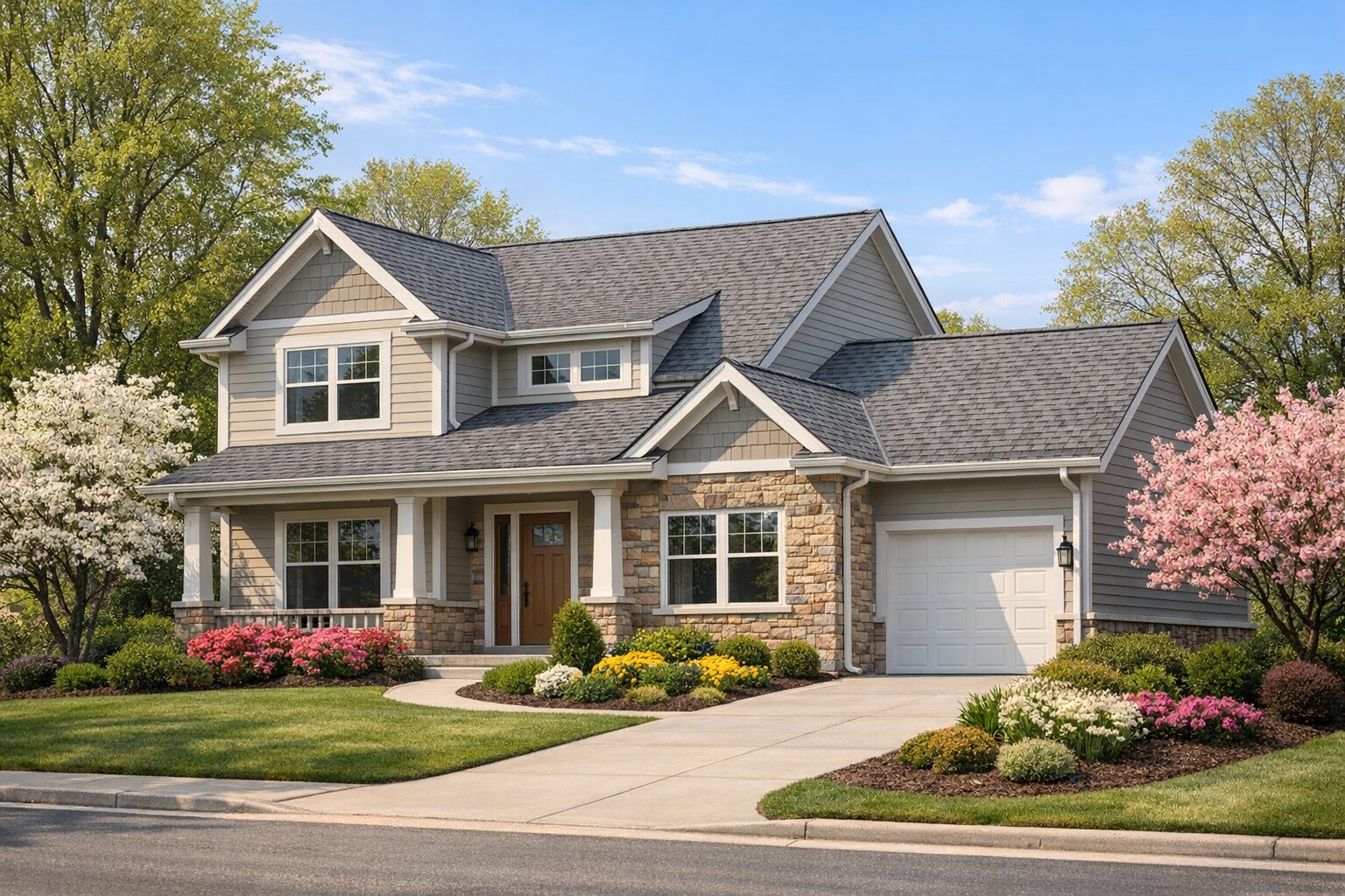 Central Indiana home exterior with coordinated gray roof, siding, gutters, and landscaping for strong curb appeal
