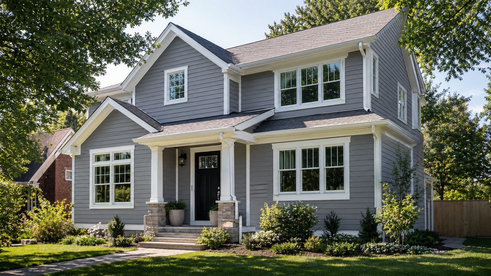 Finished James Hardie style siding on an Indianapolis area home in a tree-lined neighborhood