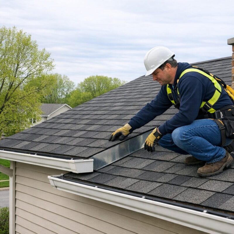 Professional roofer inspecting shingles and gutters on a Central Indiana home during spring roof maintenance