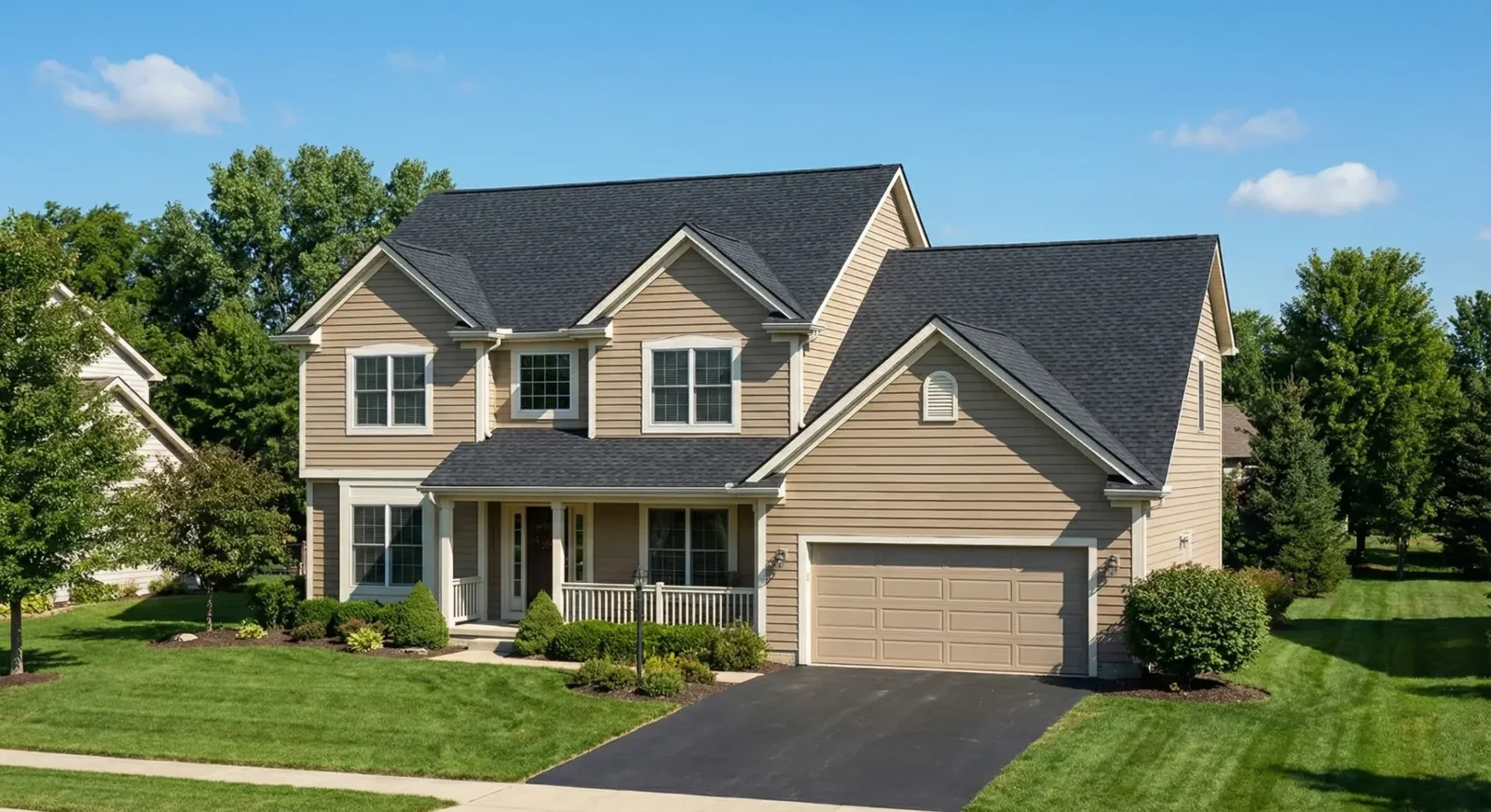 New asphalt shingle roof on a Greenwood Indiana home under a clear sky