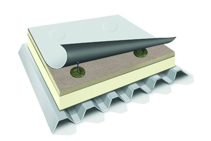 PVC commercial roof assembly detail for an induction welded low slope system