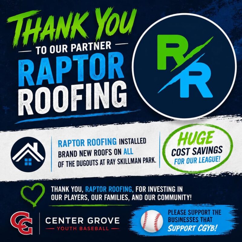 Center Grove Youth Baseball thank-you graphic for Raptor Roofing dugout roof work at Ray Skillman Park