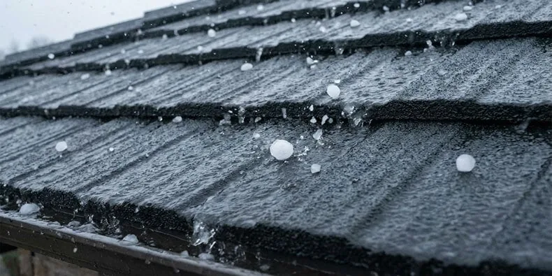 Hail striking a textured stone-coated steel roof surface