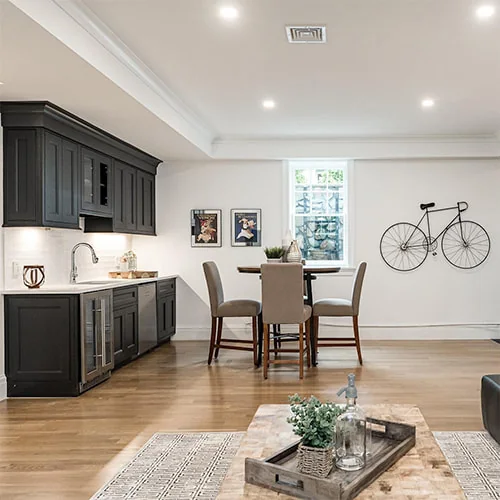 Egress window brightening a finished basement living space