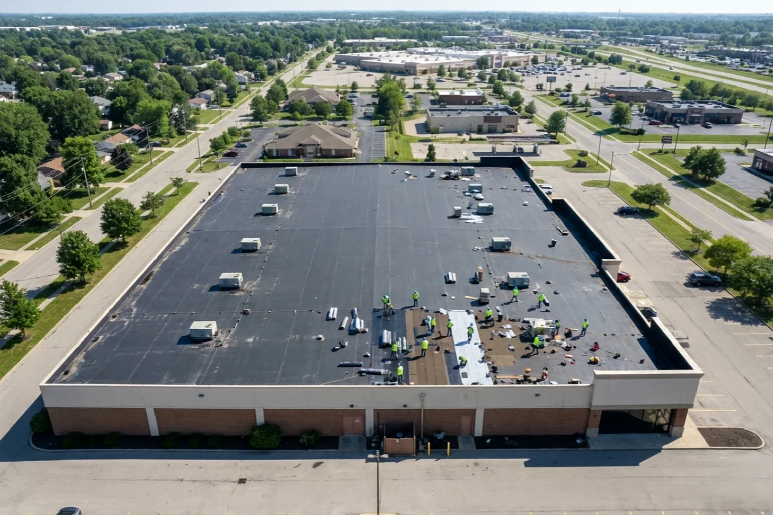Black low slope commercial roof condition before repair or replacement planning