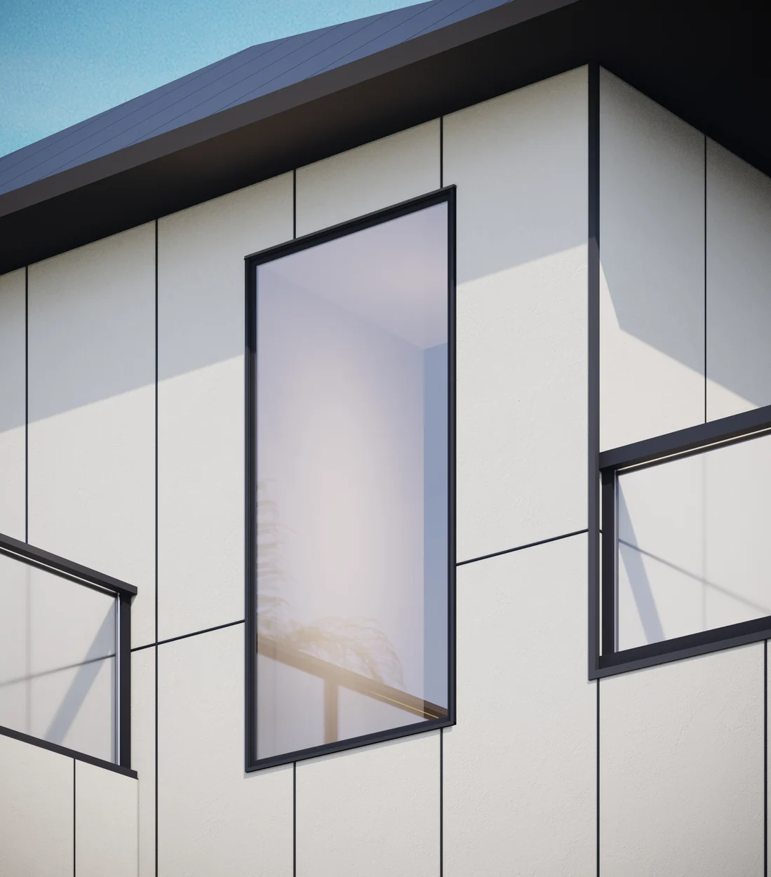 Contemporary exterior using James Hardie architectural panel siding in a fine sand finish