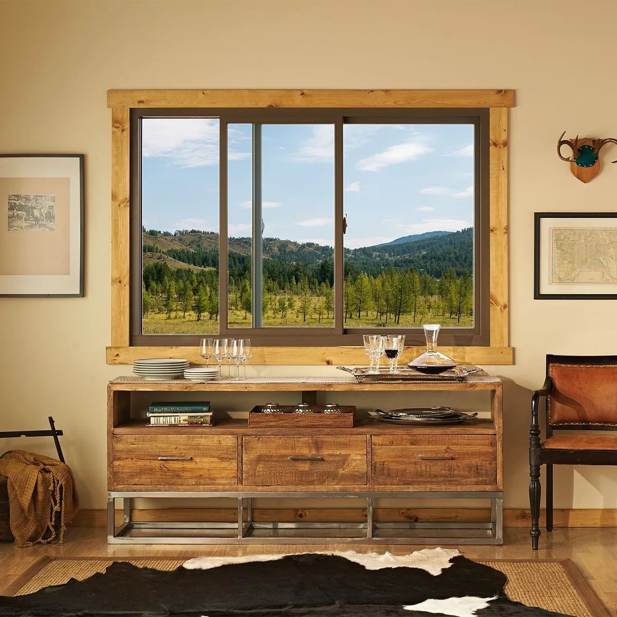 Large sliding window in a dining space with wide views