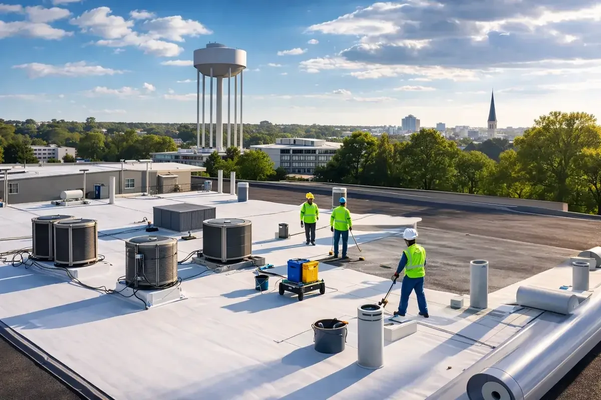 Commercial low slope roof inspection for membrane condition and rooftop equipment