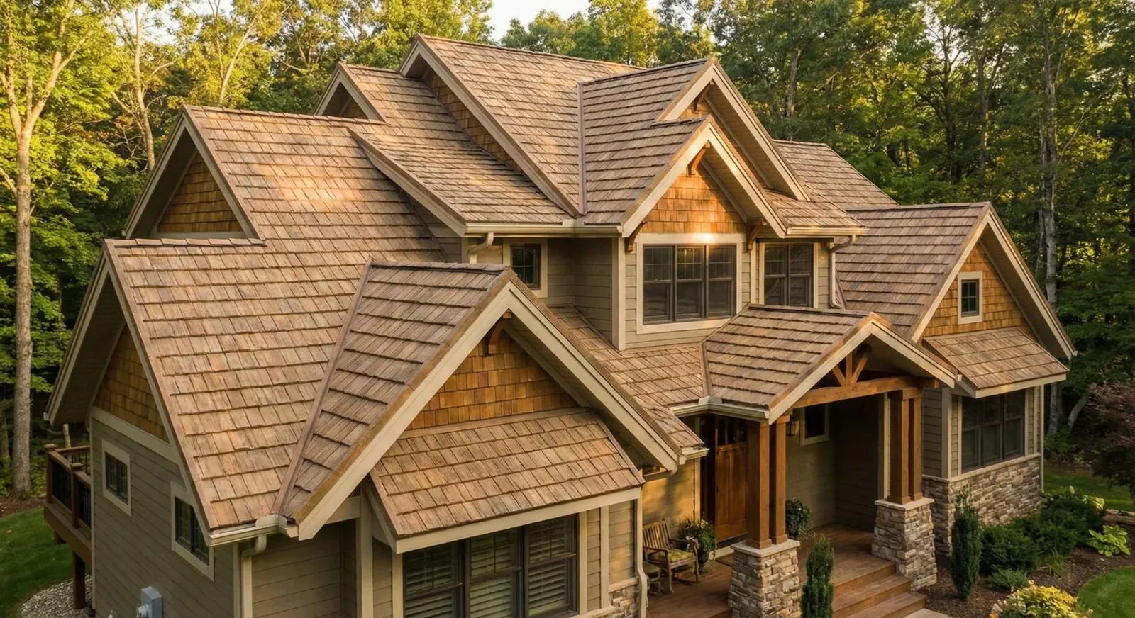 Stone coated steel roof on a wooded Indiana style residential property