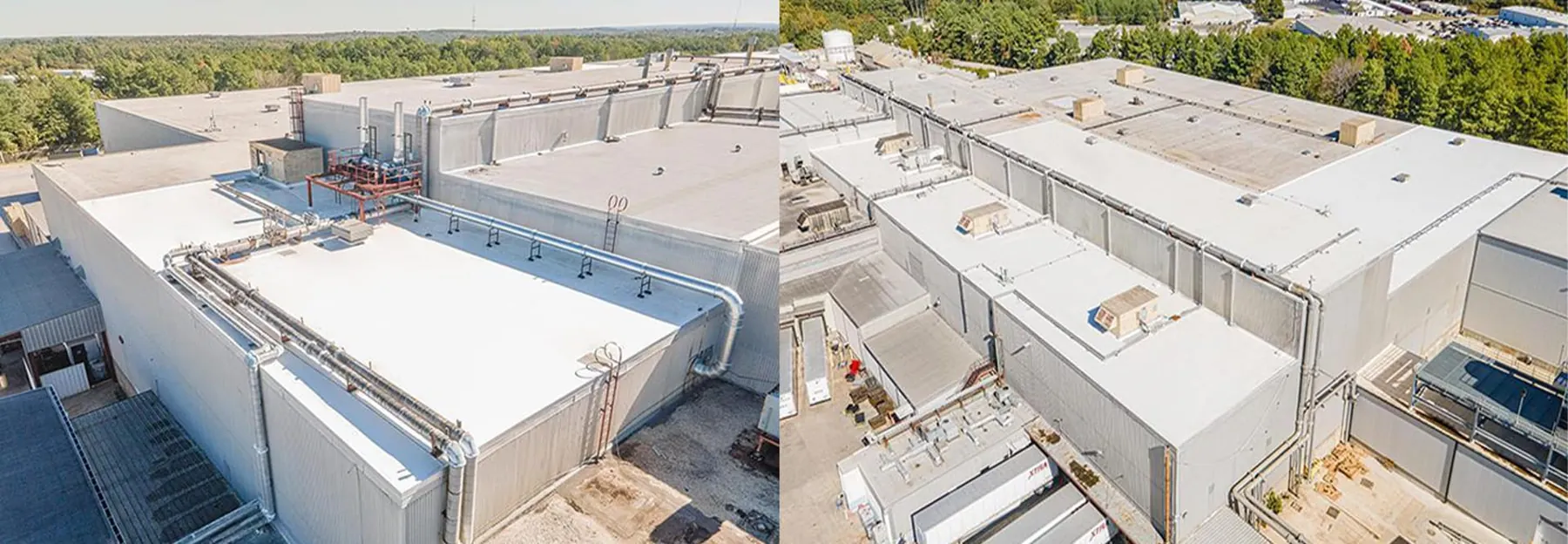 White TPO roof areas across an industrial building complex